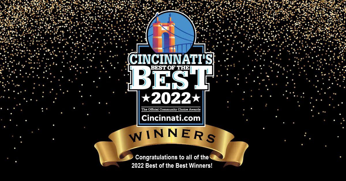 Cincinnati's Best of 2022 logo with a black background with silver and gold confetti
