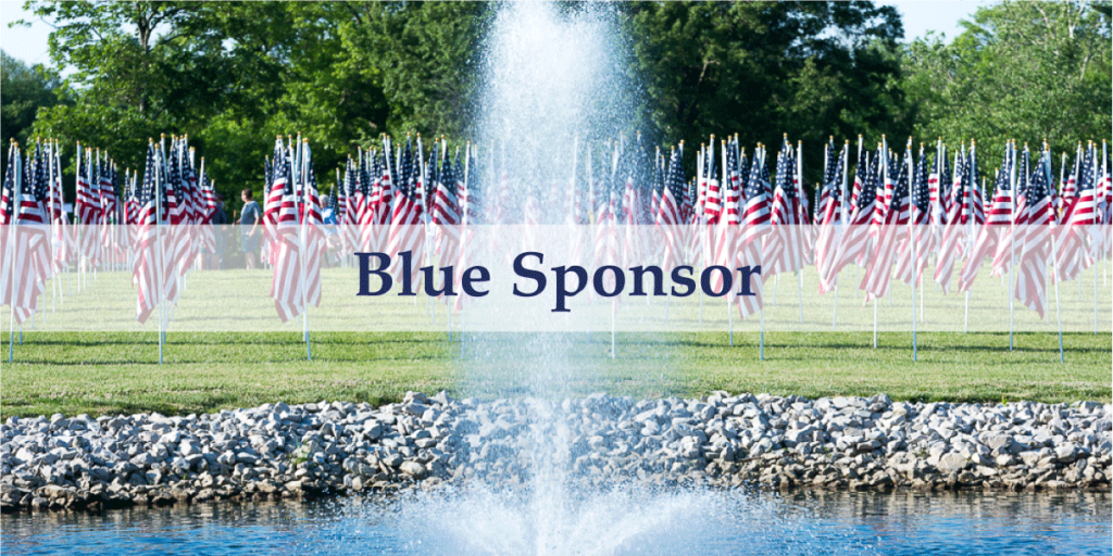 Image of flags in the grass with text on a banner over the image that says Blue Sponsor