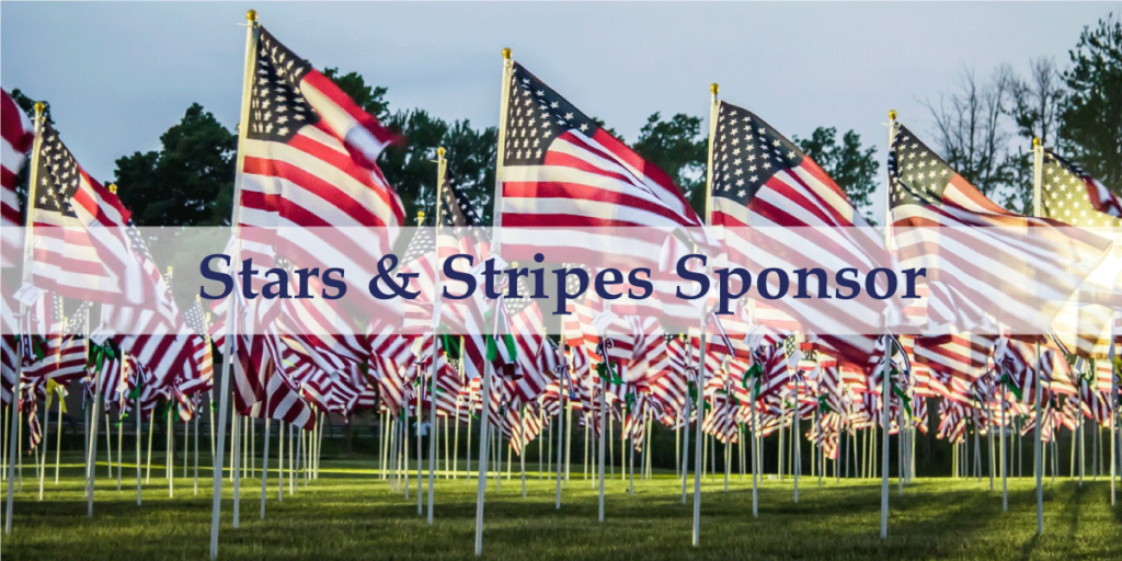 Image of flags on white flagpoles in the ground with text on a banner over the image that says Stars & Stripes Sponsor