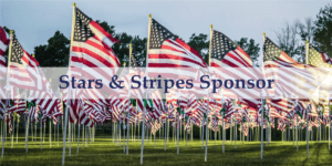 Stars & Stripes Sponsor Banner overlaid a photos of a field of grass with American Flags waving