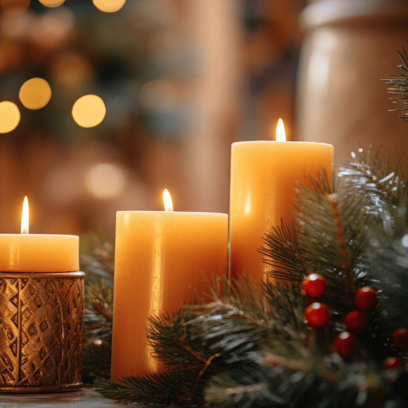 Photo of lit yellow candles glowing while they are surrounded by Christmas garlands