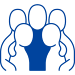 Blue illustration of four people huddling around a person