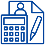Blue illustration of a piece of paper with a person on it behind a calculator