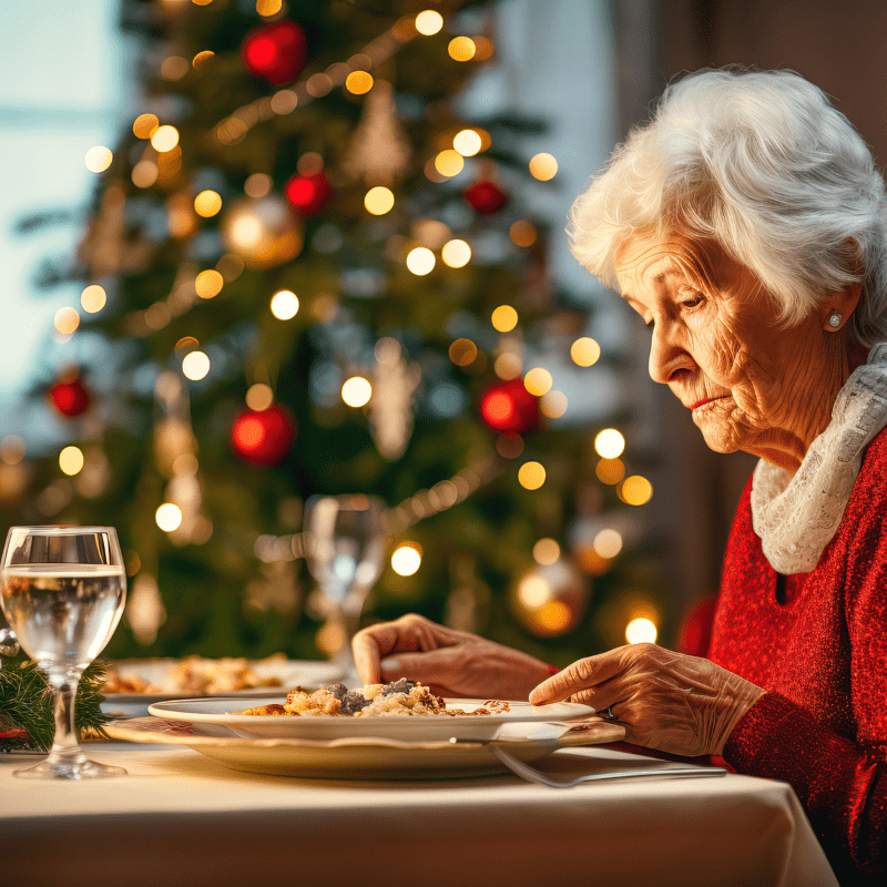 Photo of an elderly woman wearing a Mrs. Claus outfit while sitting at a table looking sad with a Christmas tree in the background