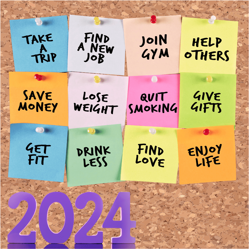 Graphic of bright colored post it notes on a corkboard with resolutions written on them and purple text that says 2024 in the bottom left corner