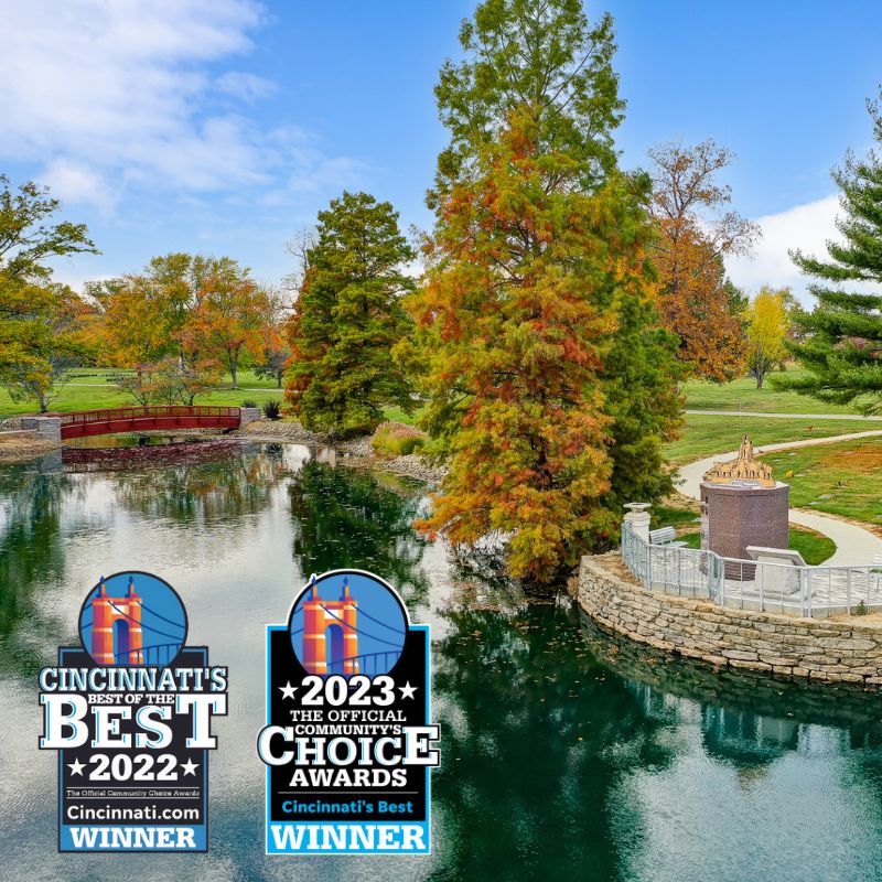 Aerial photo of the AM Gardens cemetery grounds with two Best of the Best award logos in the bottom left corner