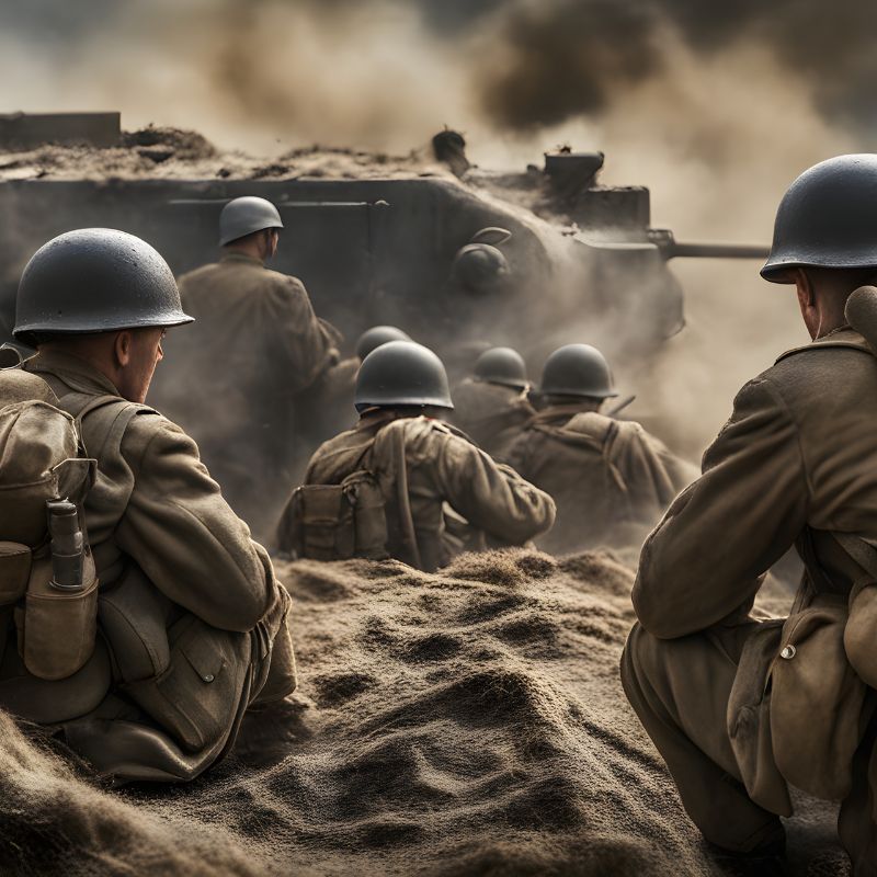 graphic of soldiers in uniform squatting in the sand as a tank passes by