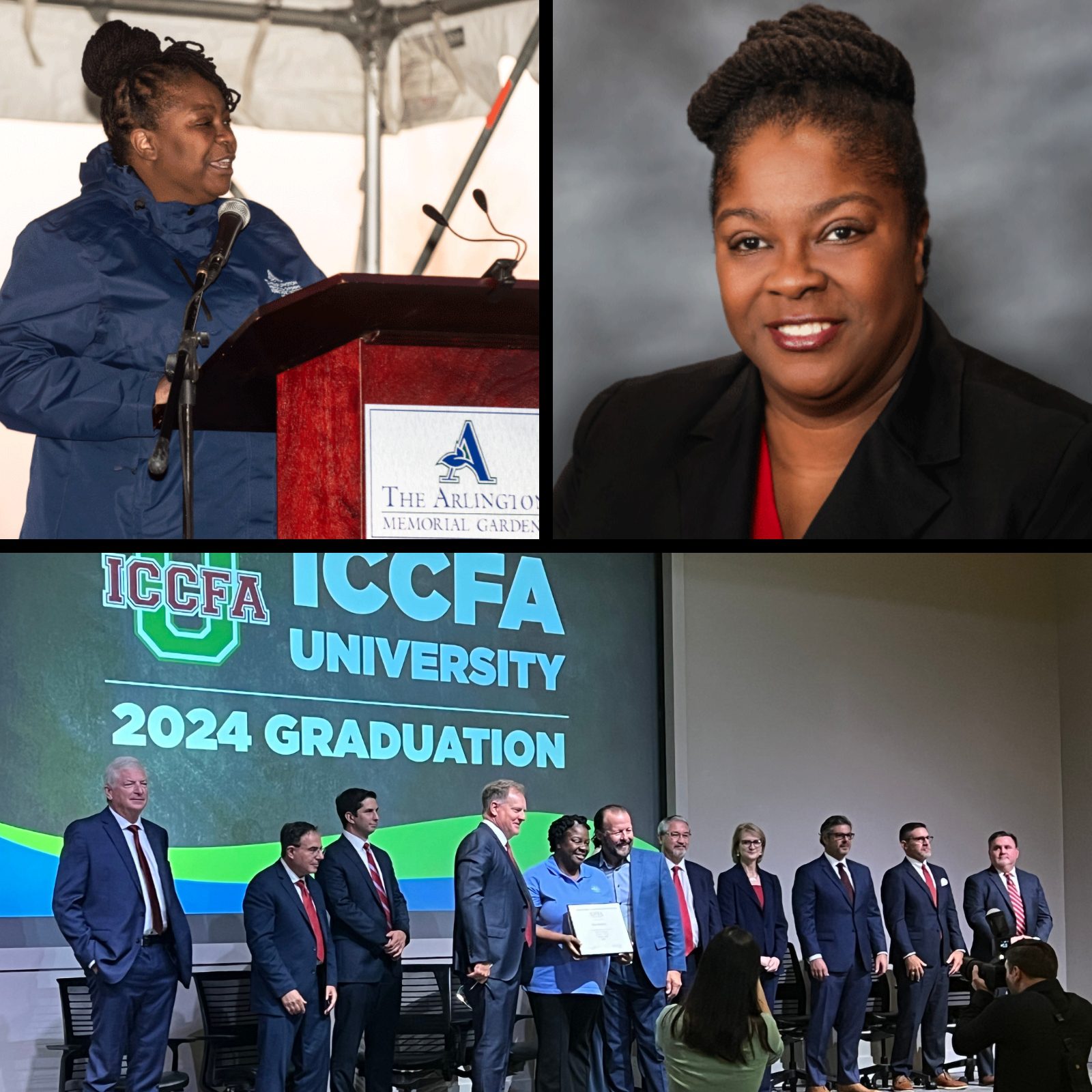 Photo collage of Alecia Braddrock, a funeral director at Arlington Memorial Gardens, from her graduation at ICCFA University