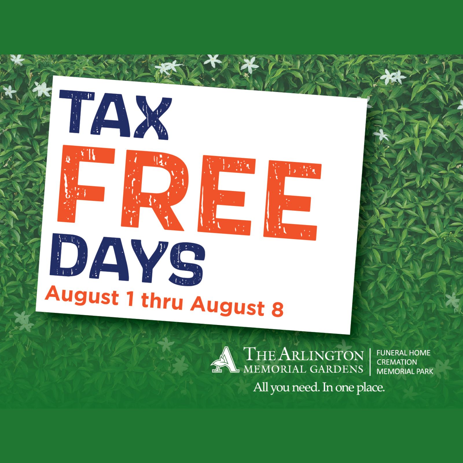 Arlington Memorial Gardens Tax Free Days flyer 2024