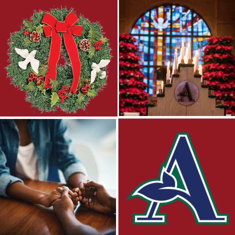 Honoring Loved Ones - Remembrance and Support blog graphic with an image of a memorial wreath, an image of a grieving person, the Arlington Memorial Gardens logo on a red background, and a photo of a memorial candle display sitting in front of a stained glass window in a chapel.