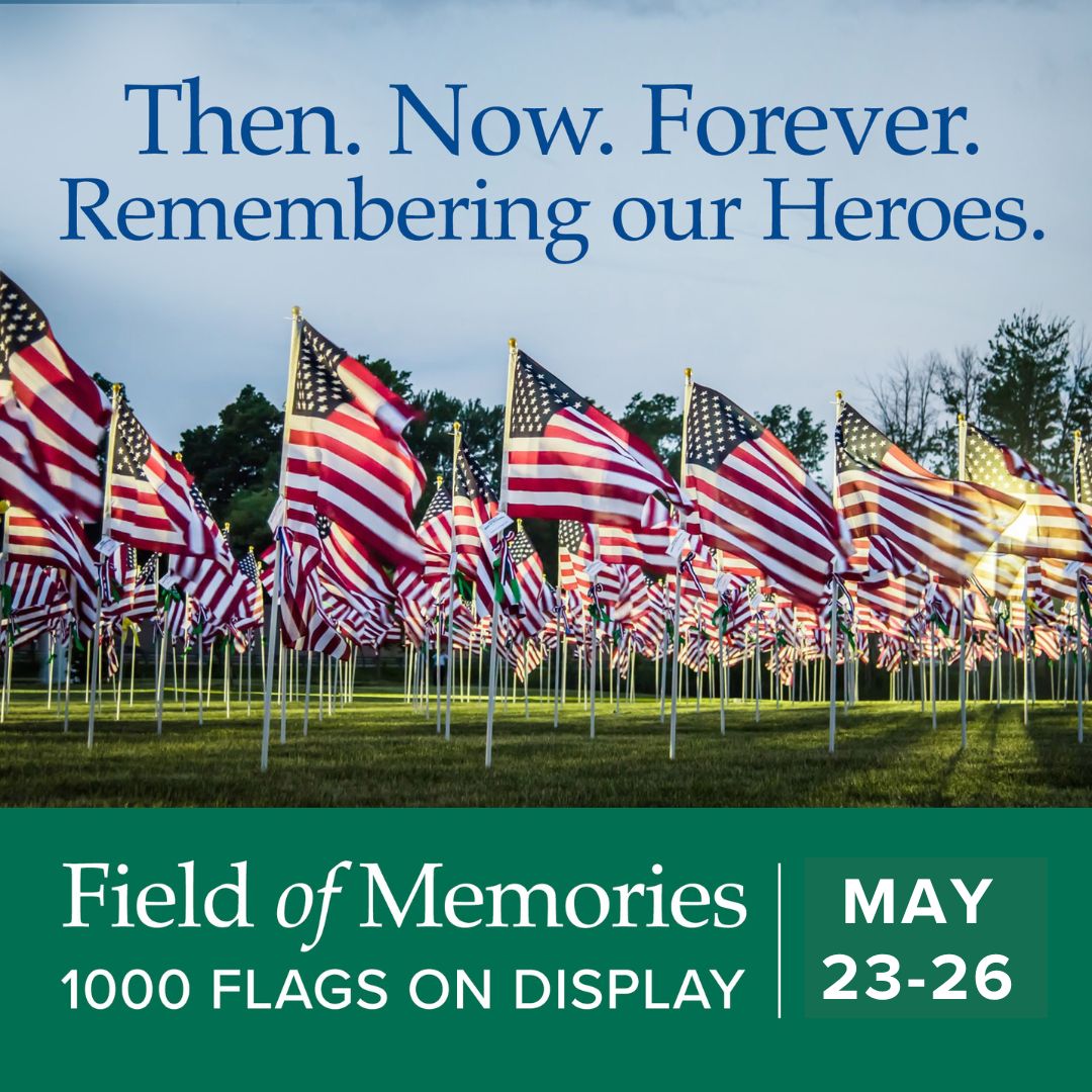 Image of American flags in a field at Arlington Memorial Gardens for the Field of Memories event starting on May 23rd