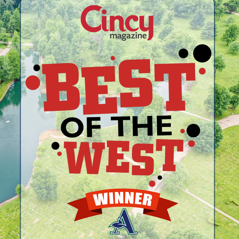 Best of the West Winner Award graphic with the Arlington Memorial Gardens logo